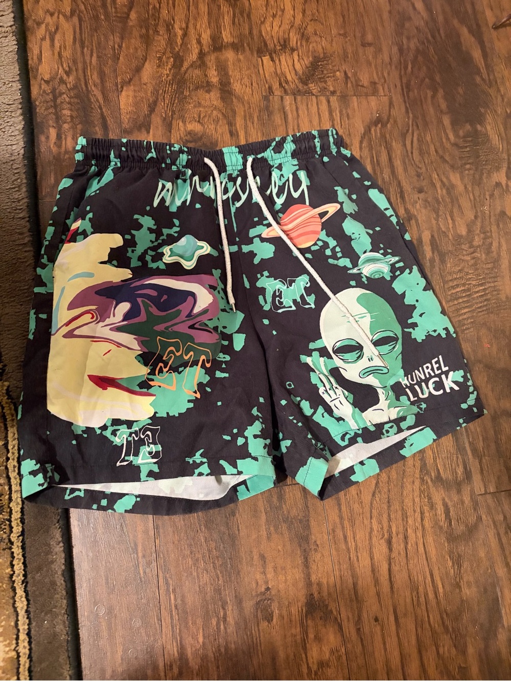 Men's Black & Teal Alien Graphic Athletic Shorts